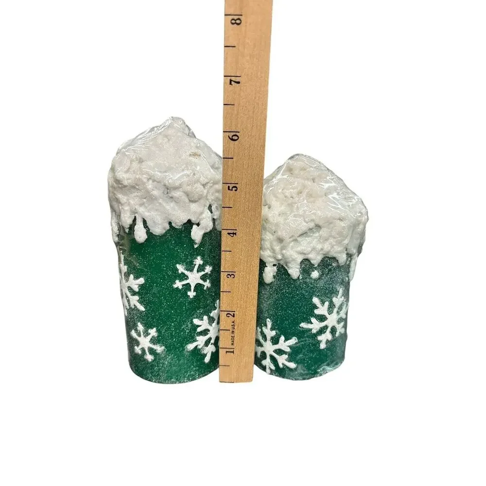Vintage Christmas Pillar Snowflake Candles •‎ Green Foil, Glitter & Snow Topped